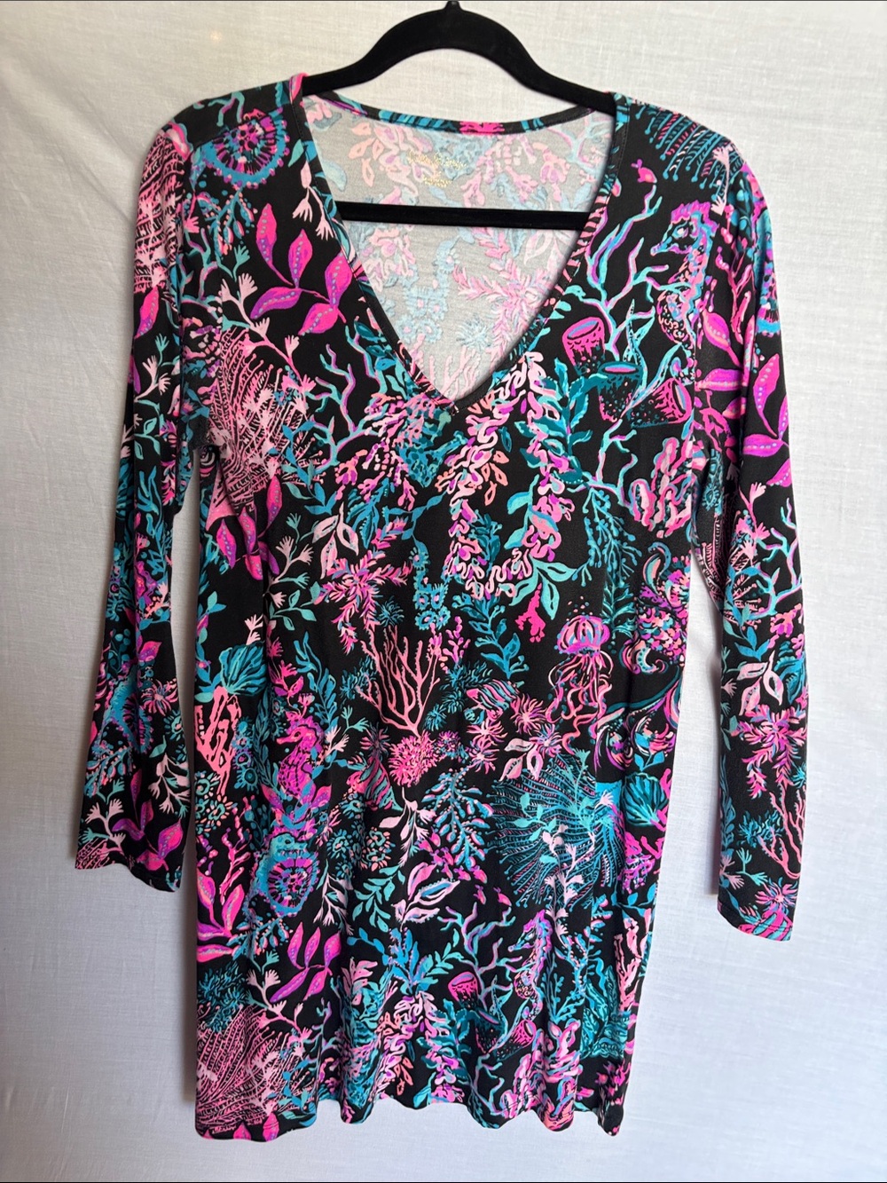 Lilly Pulitzer Black Dress with Pink and Teal Coral Print